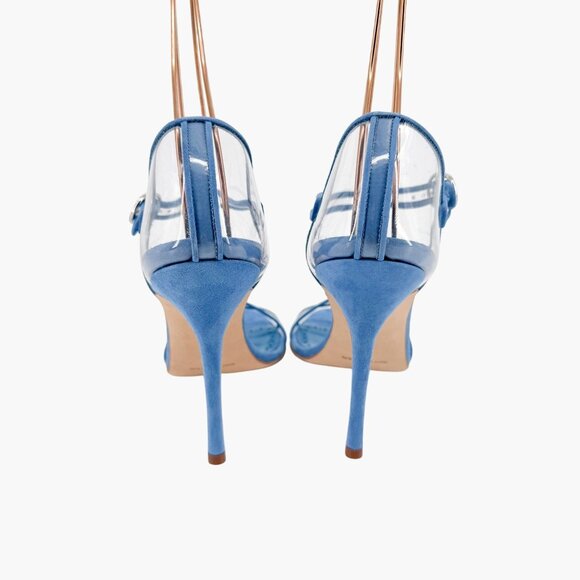 Manolo Blahnik Fersen PVC Sandals Size 40 US 10 Blue Suede High Heels Clear 105 - Picture 8 of 15